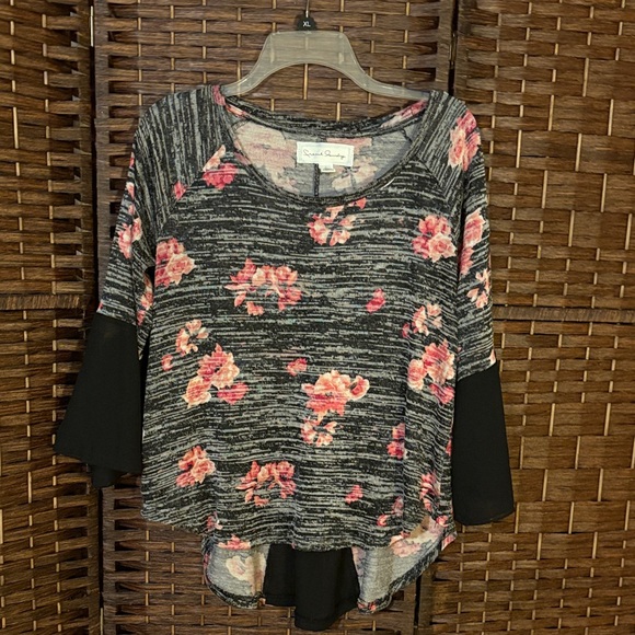 French Laundry Tops - French Laundry Black and Pink Floral Striped Blouse